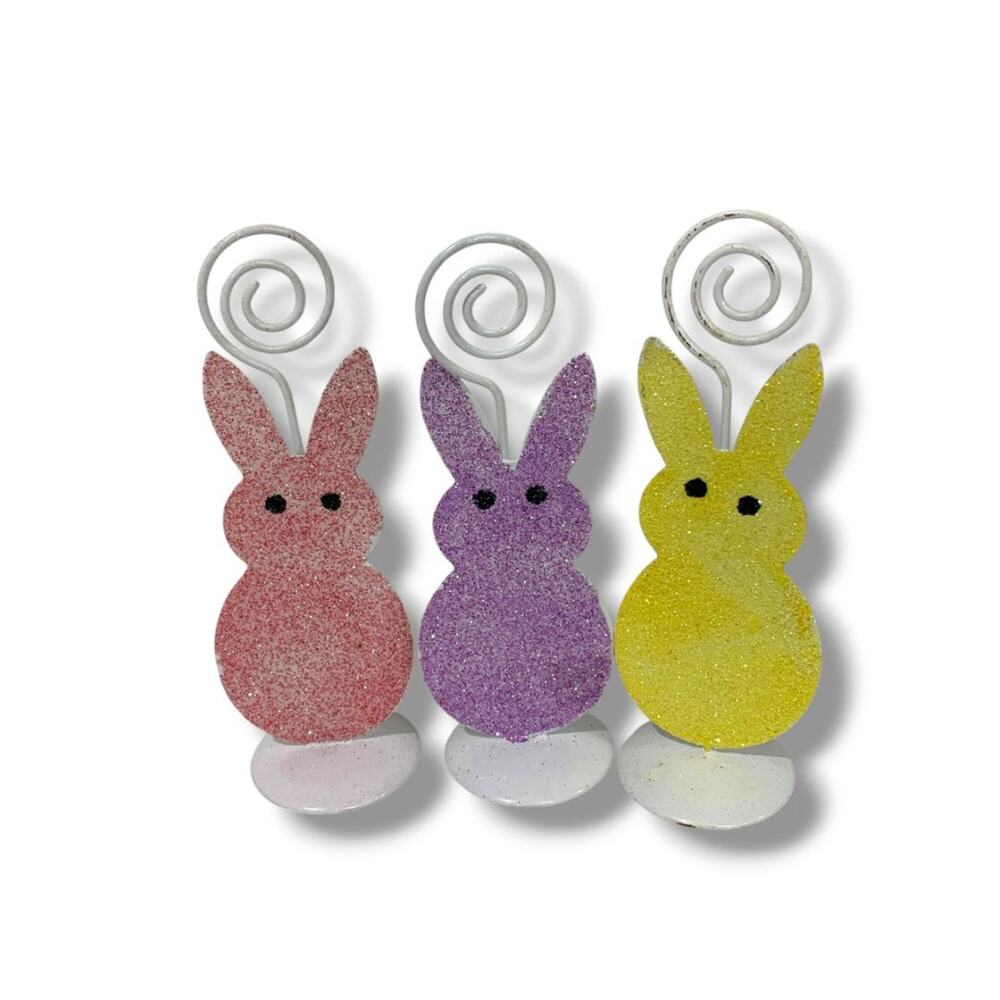 Glitter Bunny Place Card Photo Holder Box of 3 New Pink Purple Yellow 4.5"